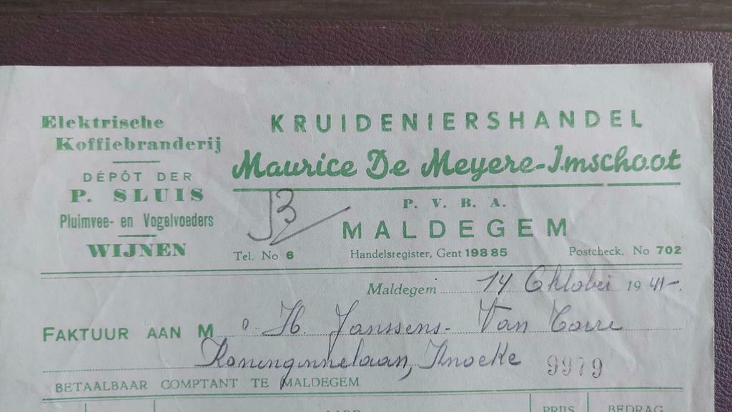 Oude factuur 1941. Kruideniershandel De Meyere Maldegem, Ophalen of Verzenden, Zo goed als nieuw