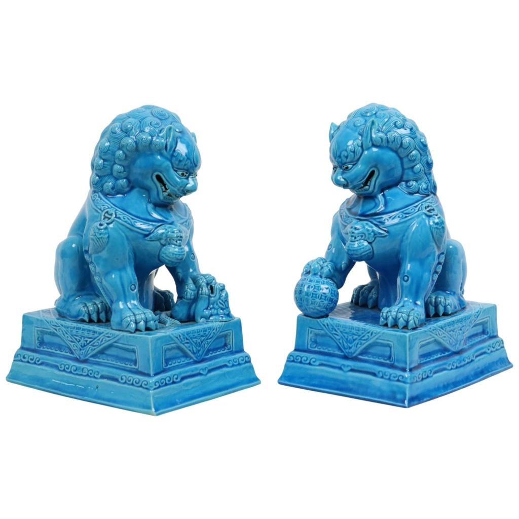 Grote Tempelleeuw Beelden Foo Dogs Blauw Porselein 25cm, Enlèvement ou Envoi, Utilisé, Religion