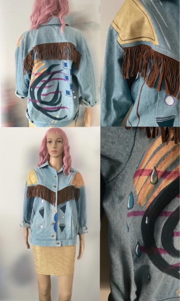 Western jeansjas (one size) customized, Ophalen of Verzenden, Gedragen, Maat 36 (S), Blauw