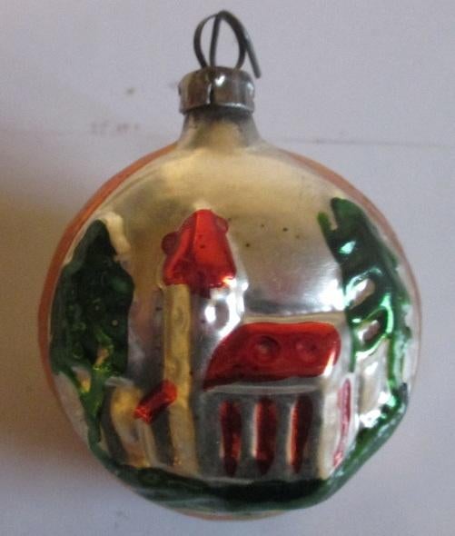 oud kleine kerstbal met kerkje en dennenboom 3, Verzenden