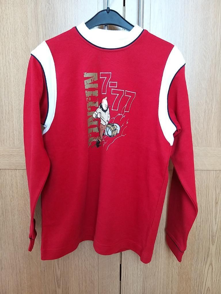 Tintin Bande dessinée belge Pull 7-77 Coton Rouge blanc 12, Garçon ou Fille, Enlèvement ou Envoi, Pull ou Veste, Comme neuf