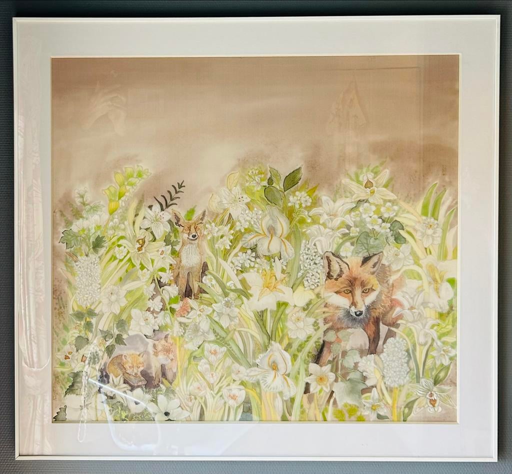 Schilderij 4 vosjes (op papier, achter glas), Ophalen, Schilderij