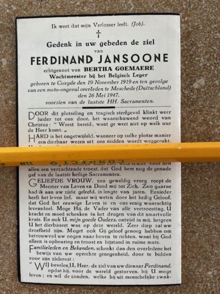 BP WACHTMEESTER BELGISCH LEGER FERDINAND JANSOONEKOKSIJDE, Ophalen of Verzenden, Bidprentje