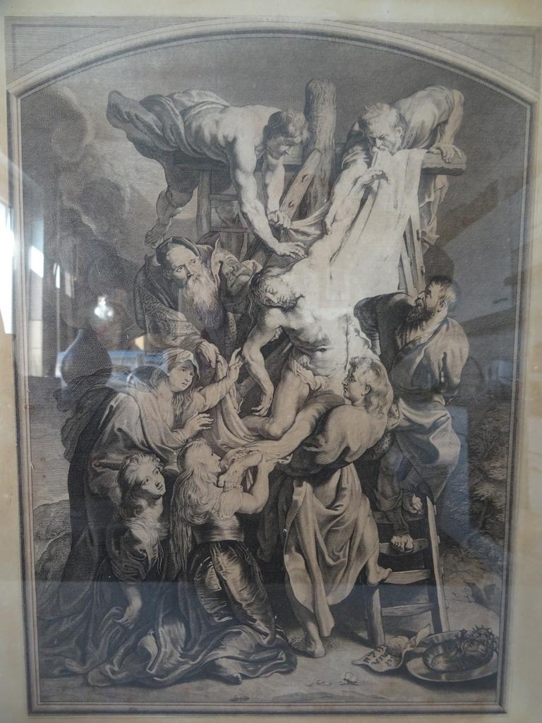 Antieke gravure Kruisafname in vergulde lijst 1850 pronkstuk, Ophalen of Verzenden
