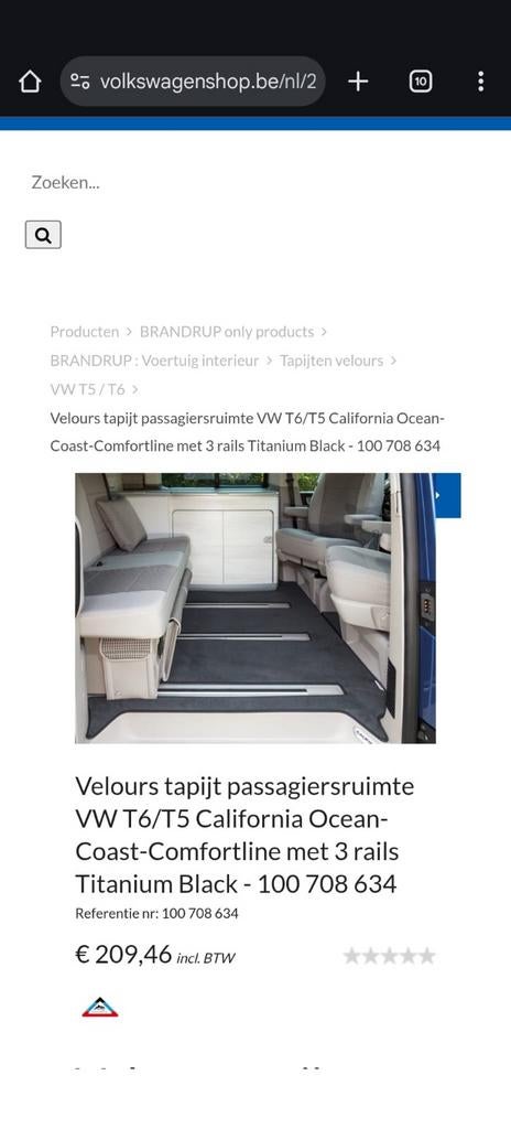 Velours tapijt passagiersruimte VW T6/T5 California grijs, Enlèvement