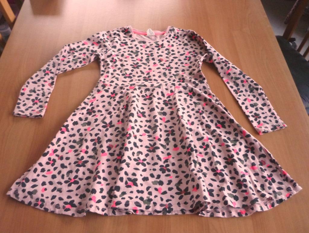 Roze kleed jurk zwart fluo roze kaki luipaard print 122/128, Ophalen of Verzenden