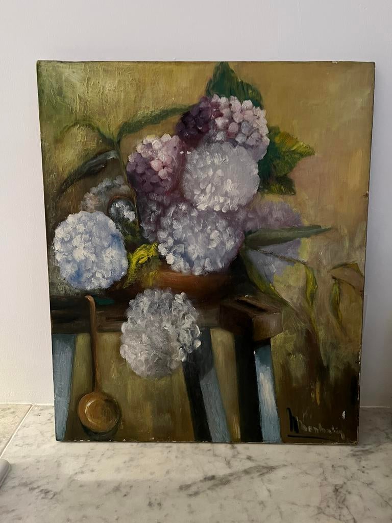 KUNST SCHILDERIJ OLIE CANVAS STILLEVEN HORTENSIA, Ophalen of Verzenden
