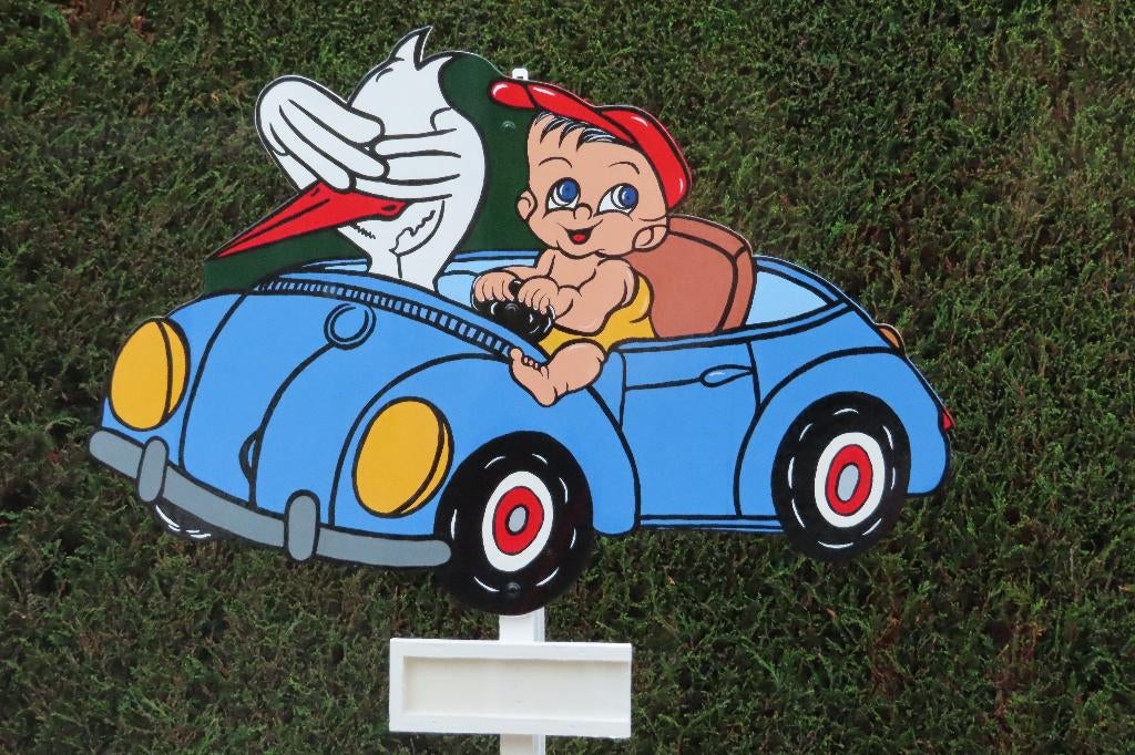 Geboorteborden o.a blauwe auto met baby en ooievaar., Ophalen, Nieuw, Geboortebord