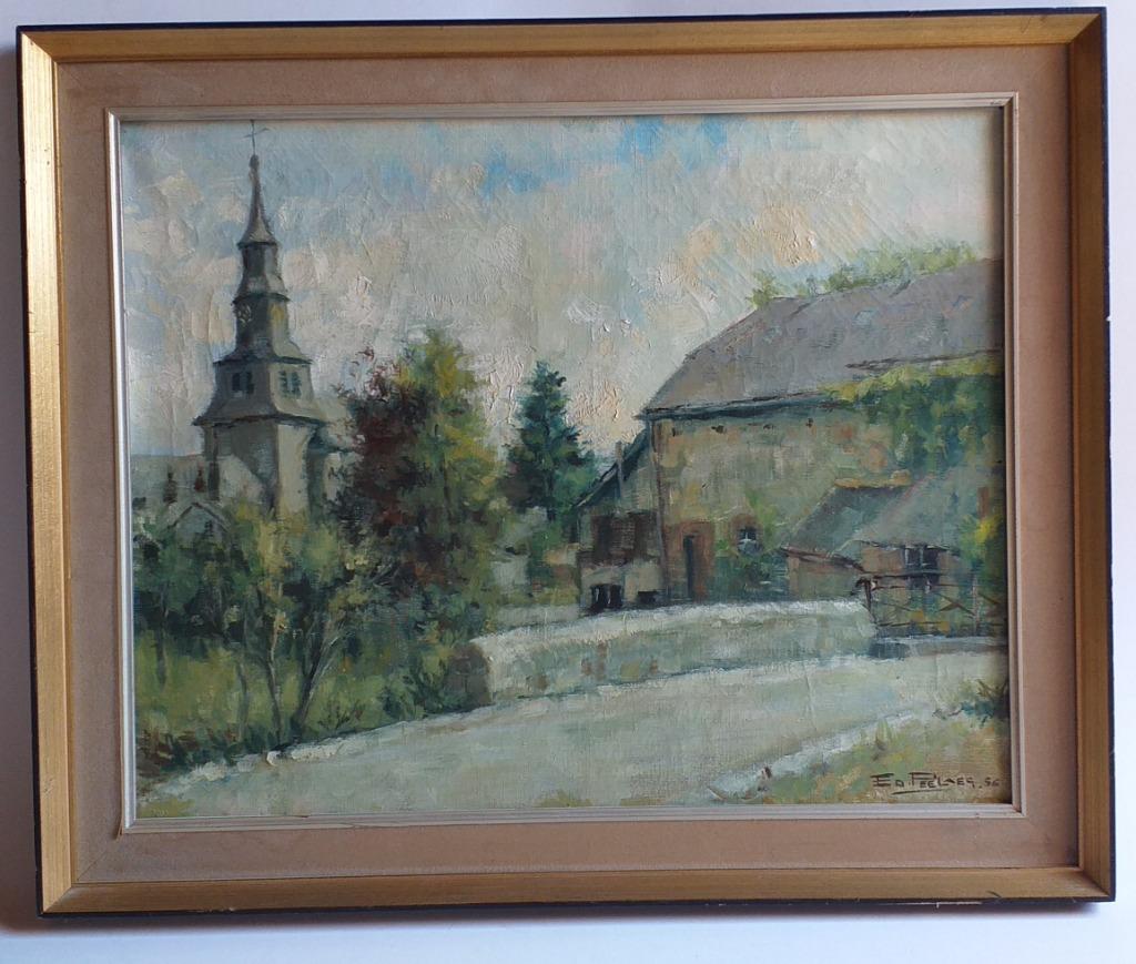 tableau Gedinne, clocher et pont - Edouard Peelaes 1956, Antiquités & Art, Enlèvement ou Envoi