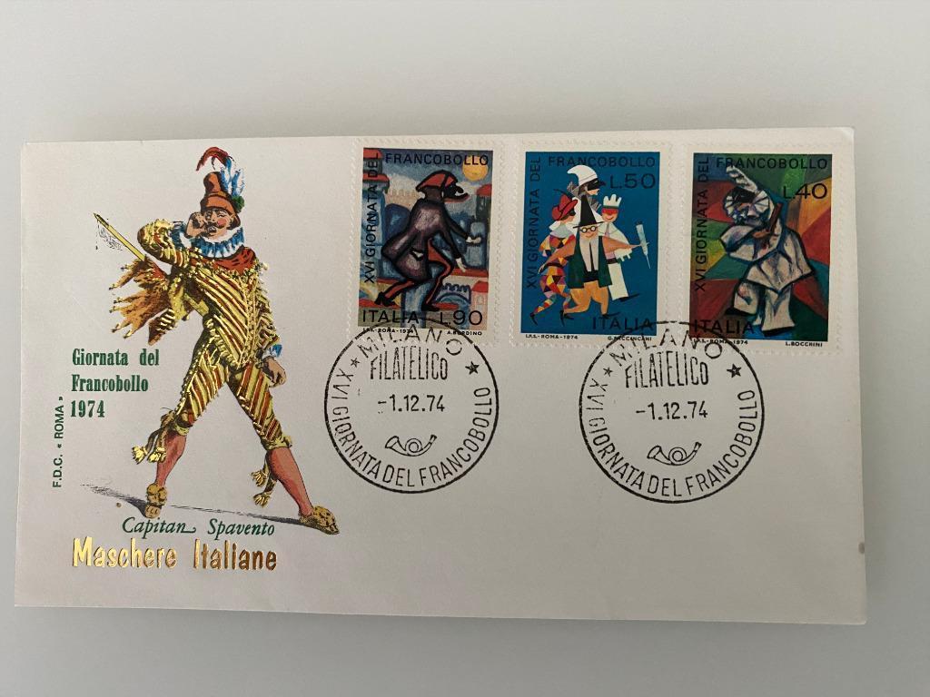 Postzegel First Day Cover Italië Maschere Italiane 1974, Postzegels en Munten, Ophalen of Verzenden, Gestempeld