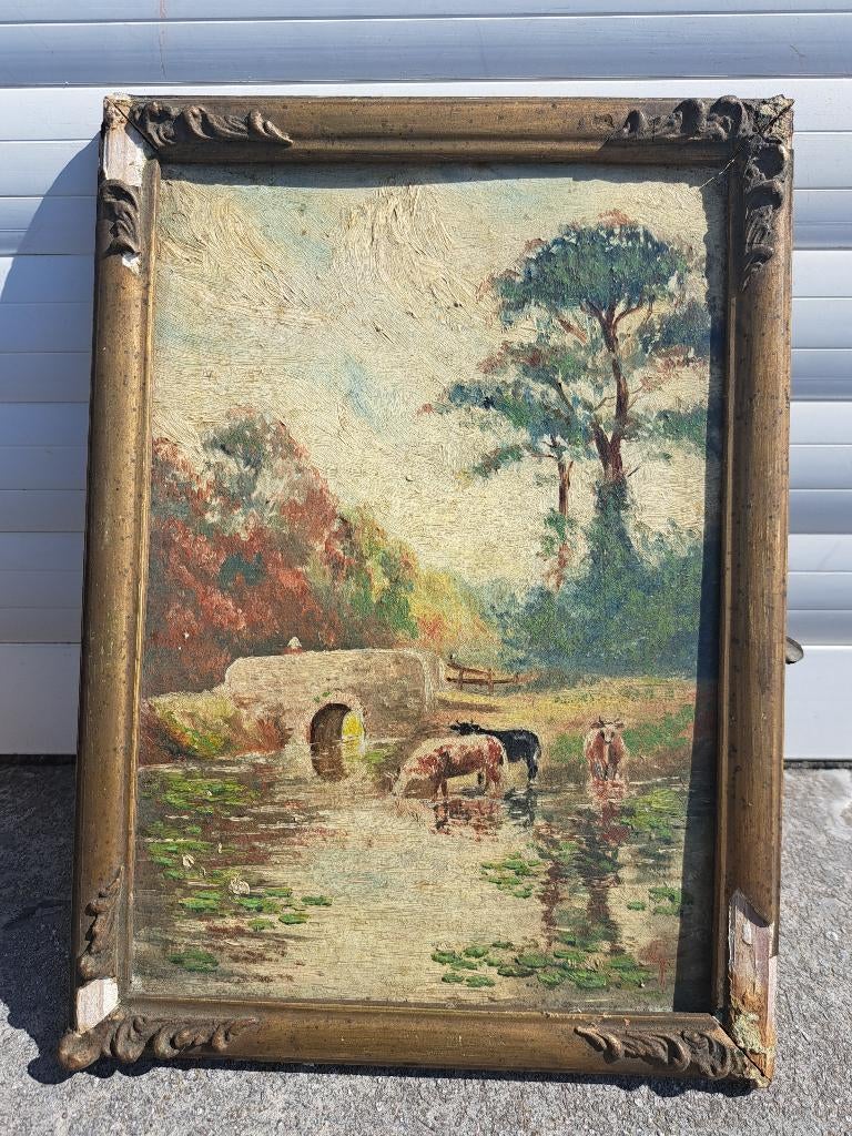 huile sur carton les vaches monograme emile gervais, Antiquités & Art, Enlèvement ou Envoi