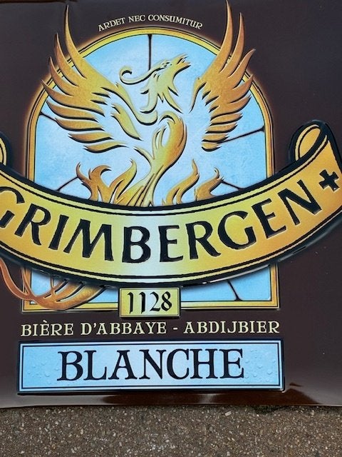 Placard Grimbergen en métal clair BLANCHE, Bière..., Enlèvement ou Envoi, Utilisé, Panneau publicitaire