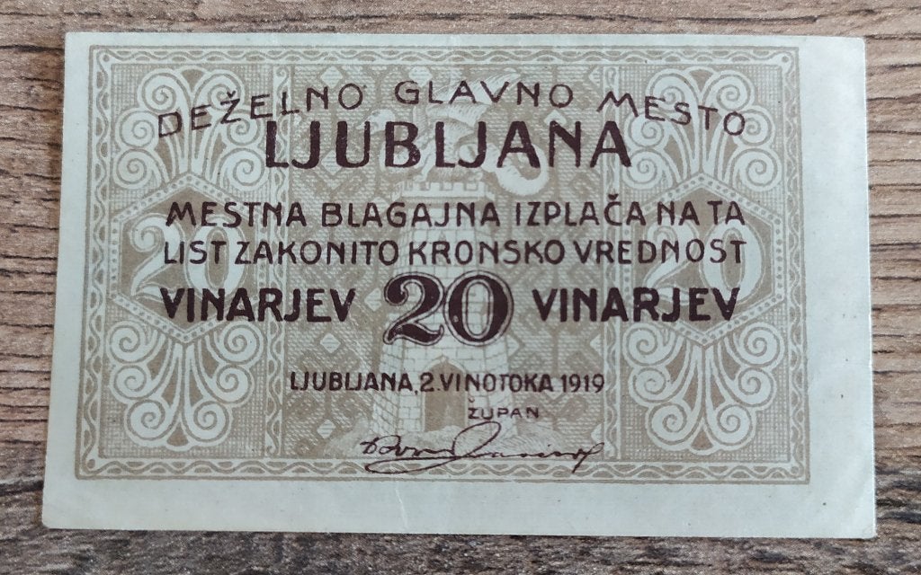 20 Vinarjev Slovenië Ljubljana 1919 Noodgeld Notgeld, Ophalen of Verzenden, Overige landen, Los biljet