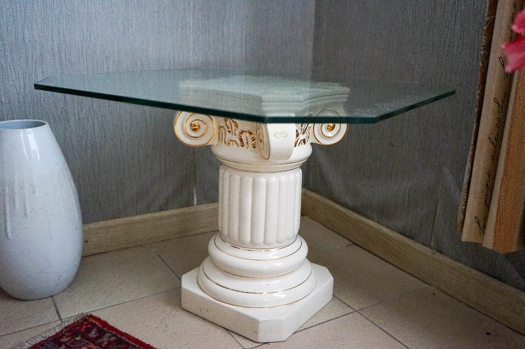Glazen salontafel met decoratieve poot, Huis en Inrichting, Ophalen, 50 tot 100 cm, 50 tot 75 cm, 50 tot 100 cm