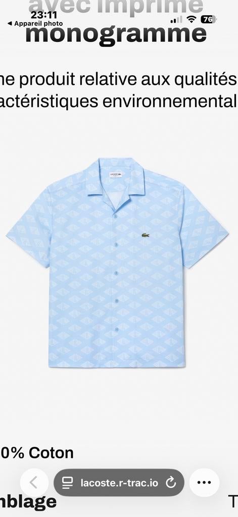 Chemise Lacoste homme décontracté 2xl 46 neuf, Enlèvement ou Envoi, Neuf, Bleu, Autres tours de cou