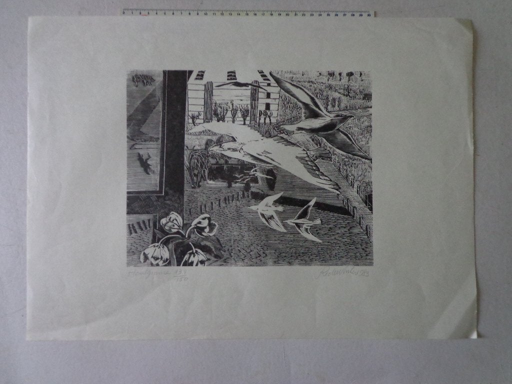 Houtgravure van Roland De Winter "Landschap met vogels", 1950 - 1999, Ophalen of Verzenden, Houtsnede, Gesigneerd