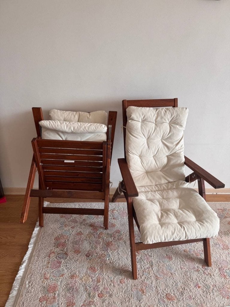 2 tuinstoelen met kussen, Tuin en Terras, Ophalen, Zo goed als nieuw, Hout, Inklapbaar