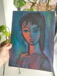 1950s vintage abstract portret schilderij gesigneerd, Ophalen of Verzenden