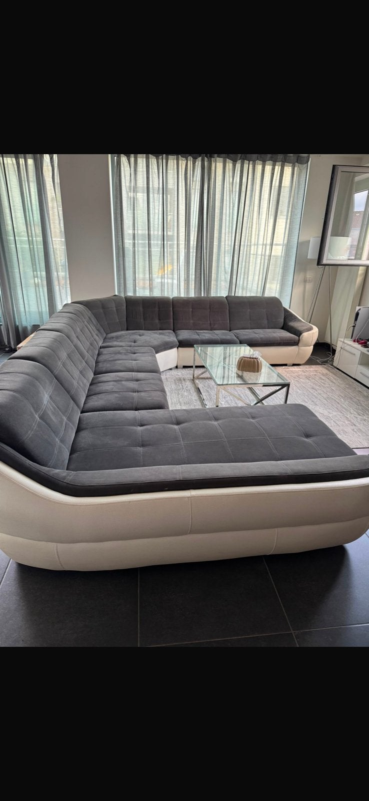 Siège d'angle de luxe en U gris/blanc, Maison & Meubles, Enlèvement, Utilisé, Tissus
