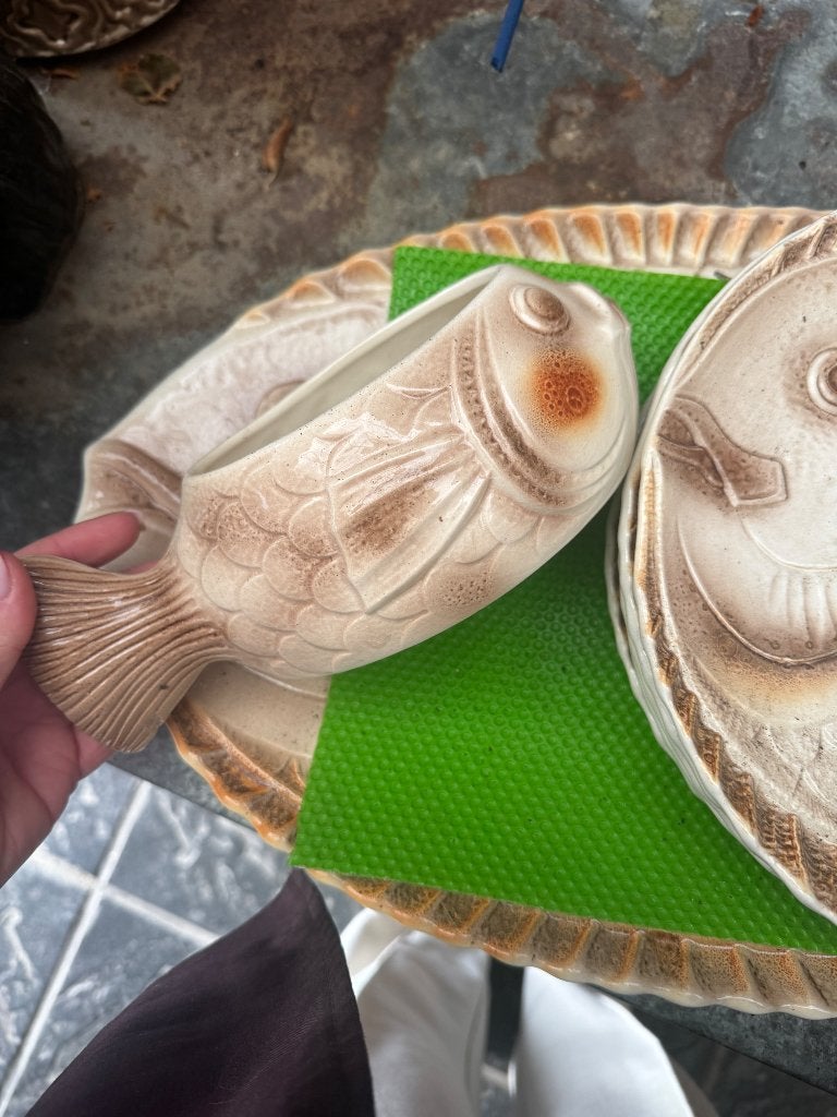 Puntgaaf Frans Vintage Visservies Sarreguemines, Ophalen, Overige materialen, Vintage, Zo goed als nieuw