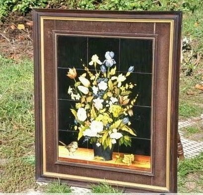 cadre ceramique bouquet de fleur tour bois et velours, Enlèvement