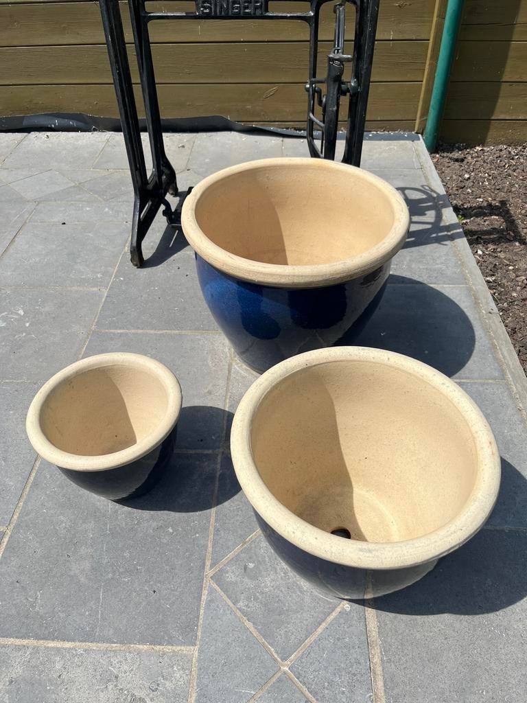 3 blauwe bloempotten, Balcon, 25 à 40 cm, Comme neuf, Enlèvement