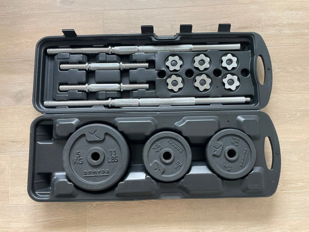 Halterset, dumbells, barbells, Sport en Fitness, Ophalen, Zo goed als nieuw, Rug, Halterschijven