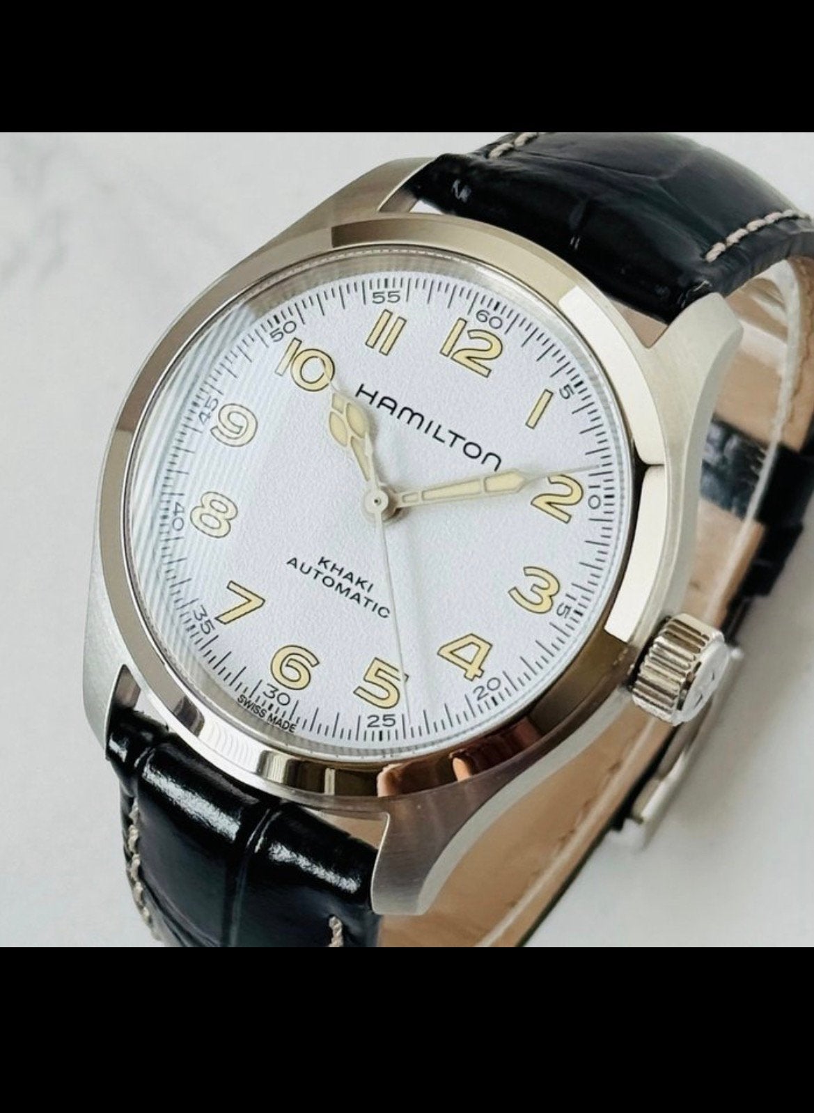 Hamilton Khaki Murph 38mm Blanche, Ophalen, Zo goed als nieuw, Staal, Leer
