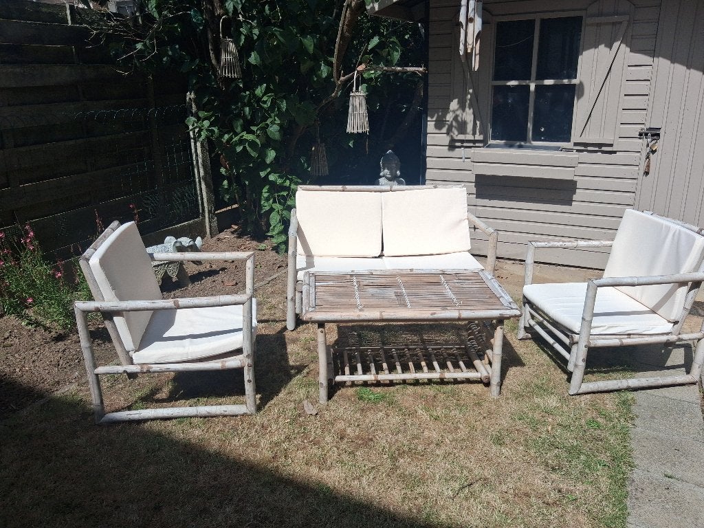 Tuinset Bamboe met beschermhoezen, Tuin en Terras, Ophalen, 4 zitplaatsen, Gebruikt, Tuinset