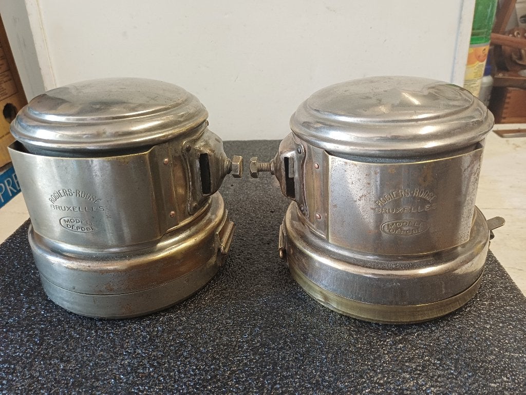 Boltimer 2 koplampen met acetyleenbuis, Ophalen of Verzenden, Gebruikt, Oldtimer onderdelen