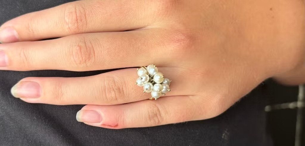 Parel tros 14k gouden fraaie aparte design ring dame vintage, Ophalen of Verzenden, Ring, Met edelsteen