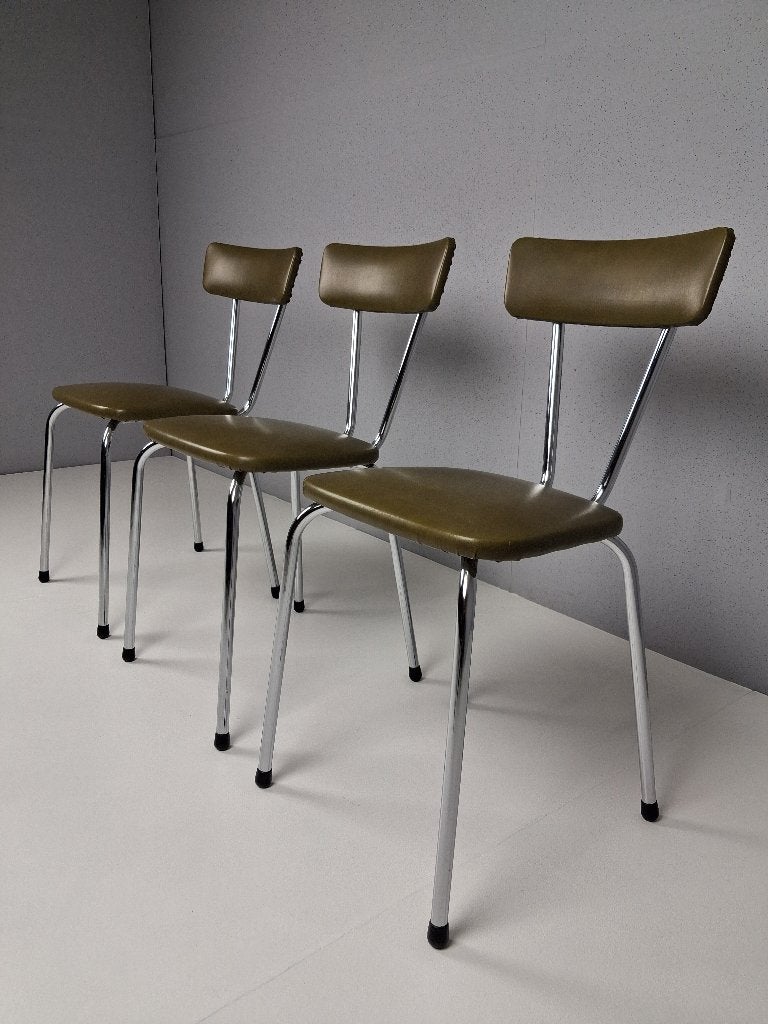 3 x Vintage Stoelen in Olijfgroen Skai Leer, Jaren 70, Ophalen, Gebruikt, Overige kleuren, Drie