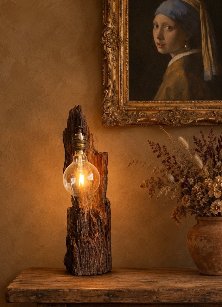 Rustieke lamp op verweerde eik, Ophalen