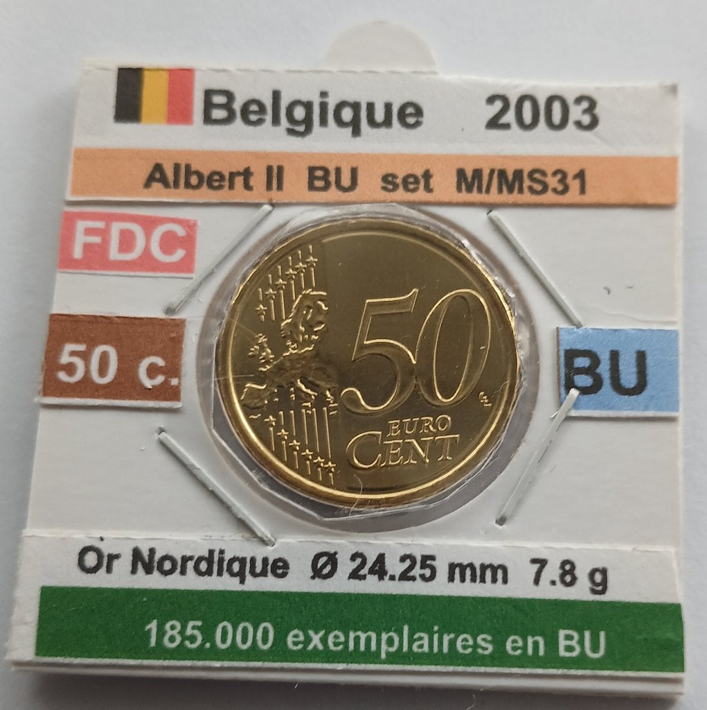 Belgique 50 ctme ALBERT II année 2003 FDC/BU, Monnaie en vrac, Belgique, 50 centimes, Or