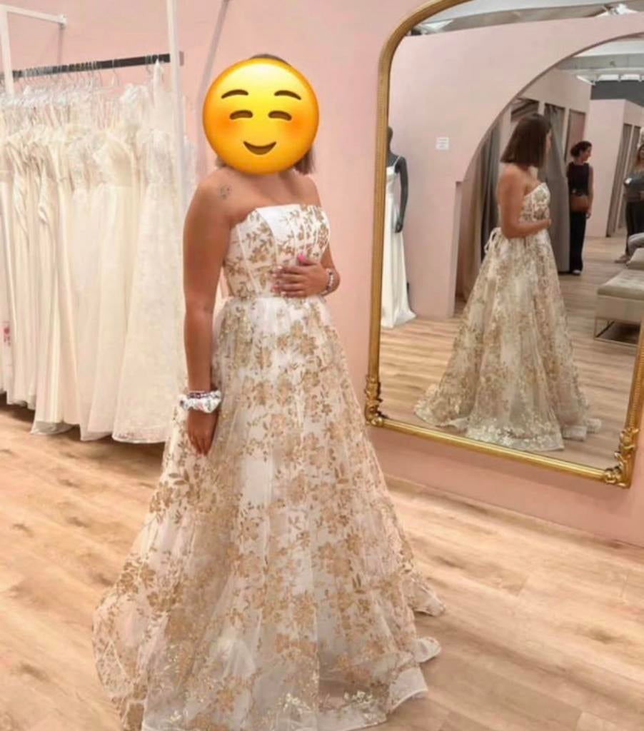 Witte en gouden galajurk/Princess, Kleding | Dames, Ophalen, Zo goed als nieuw, Wit, Trouwjurk