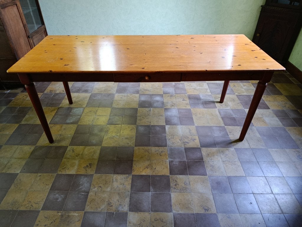 Table de ferme authentique en pin massif avec tiroir, Enlèvement