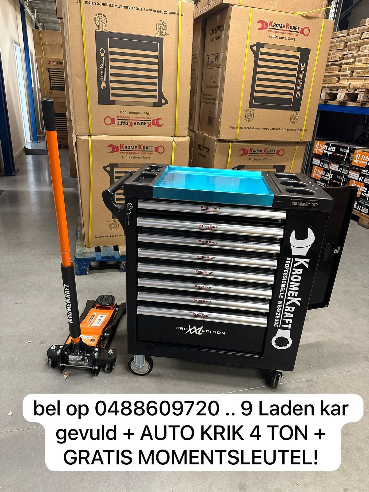 XXL Gereedschapskar + Autokrik 4 Ton Dubbel Pomp, Ophalen, Nieuw