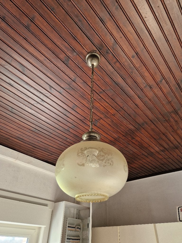 Glazen hanglamp met metalen ketting, Ophalen of Verzenden, Gebruikt, Glas, E27 (groot)