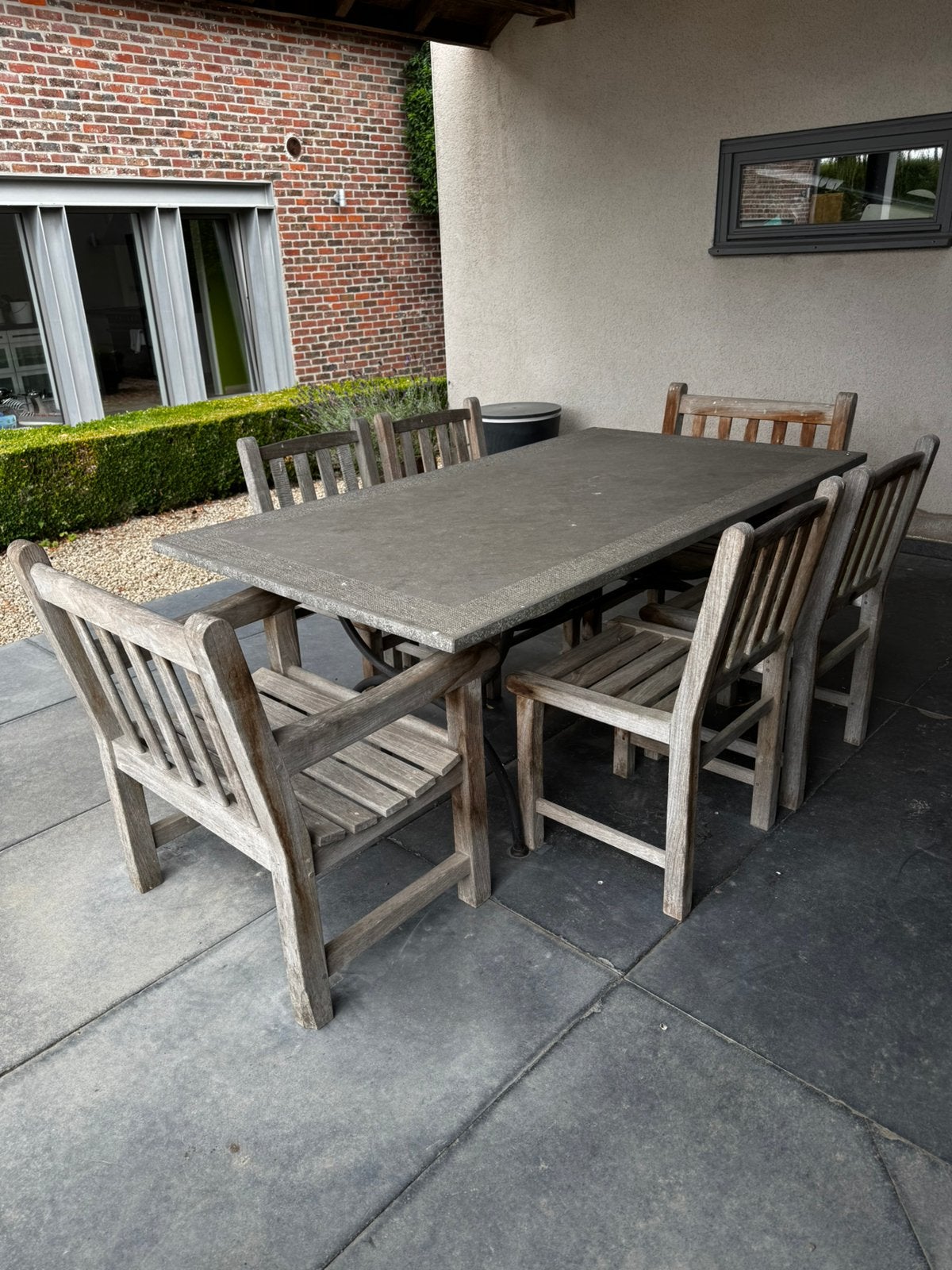 Teak tuinstoelen en arduinen tafel, Tuin en Terras, Ophalen, Gebruikt, Hardhout, 6 zitplaatsen
