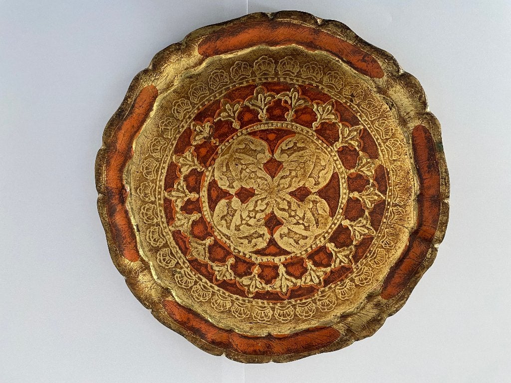 Vintage Florentine rond dienblad goud/koper Italië, Ophalen, Gebruikt, Rond, Dienblad