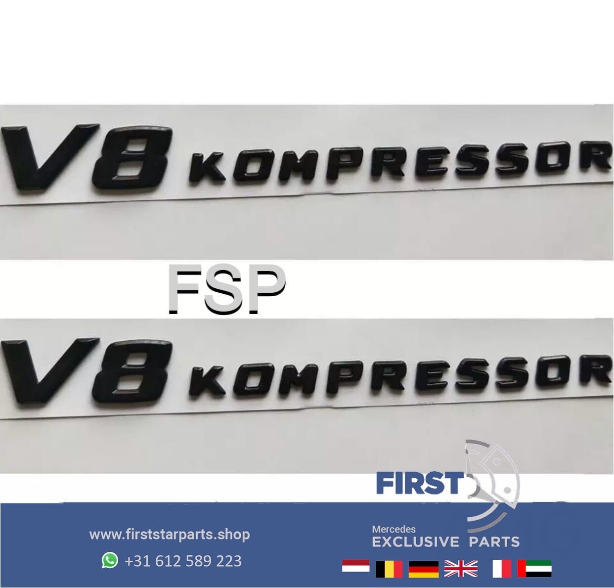 V8 KOMPRESSOR LOGO SET ZWART EMBLEEM ZIJSCHERM BADGE Mercede, Utilisé, -, -, Enlèvement ou Envoi