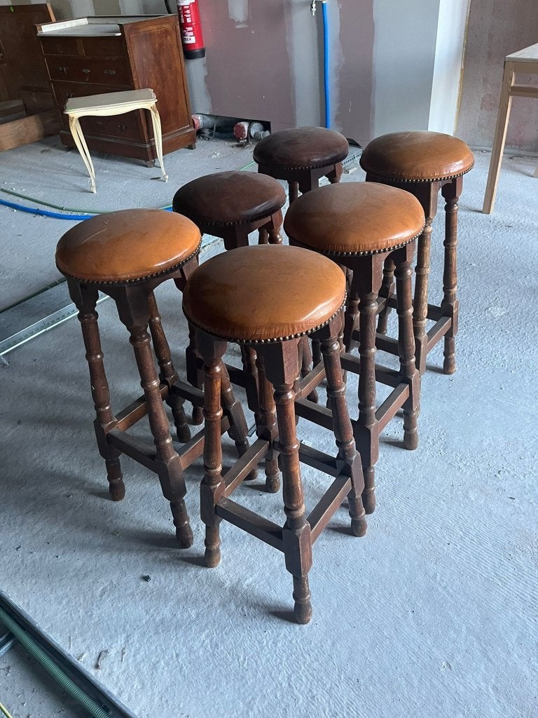 Set vintage barkruk - lederen zitting, Ophalen, 60 tot 90 cm, Leer, Gebruikt