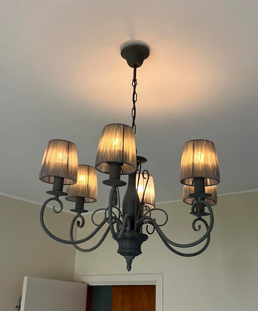 Elegante kroonluchter met 5 lampen en stoffen kappen, Ophalen of Verzenden, Gebruikt
