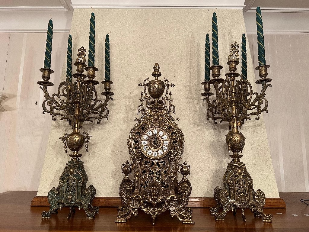 Driedelig schouwgarnituur (pendule en 2 kandelaars), Antiek en Kunst, Ophalen