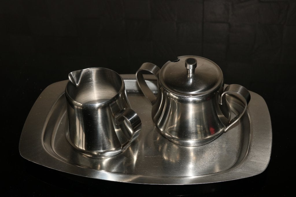 Vintage RVS melkkan + suikerpot op dienblad (3-delig inox), Ophalen