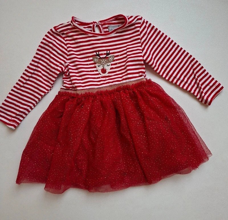 PRIMARK - Jolie robe fête rouge, renne, Noël -T.9 mois/74cm, Enlèvement ou Envoi, Primark, Fille, Robe ou Jupe