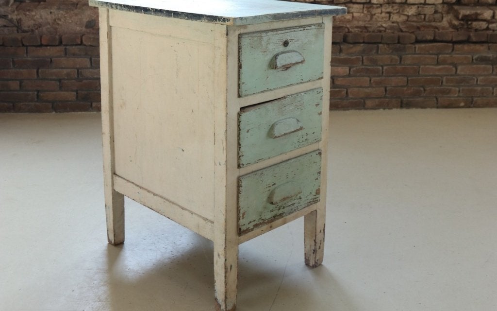 Ladekastje met drie lades, crème en mintgroen, ca. 1930–1950, Ophalen, Gebruikt, 45 tot 65 cm, 70 cm of meer
