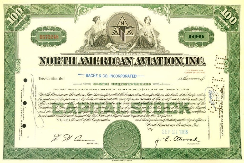 North American Aviation Inc. 1965, Postzegels en Munten, Aandelen en Waardepapieren, Ophalen of Verzenden, 1950 tot 1970, Certificaat van aandeel