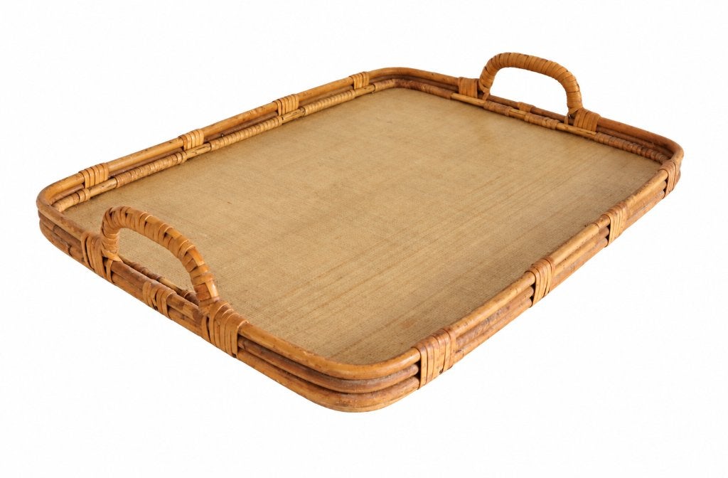 Mid-Century Modern Serving Tray in Bamboo and Rattan, Ophalen of Verzenden, Gebruikt, Natuurlijk materiaal