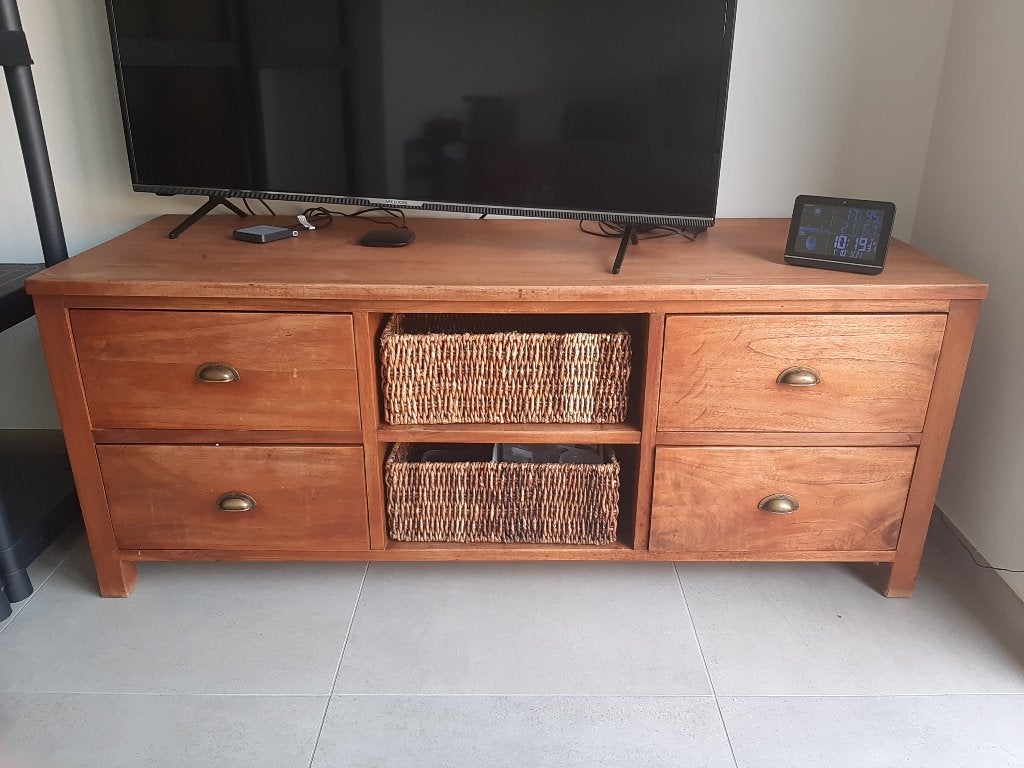 Tv-kast in teak, Ophalen, Gebruikt, 100 tot 150 cm, Landelijk, teak en riet